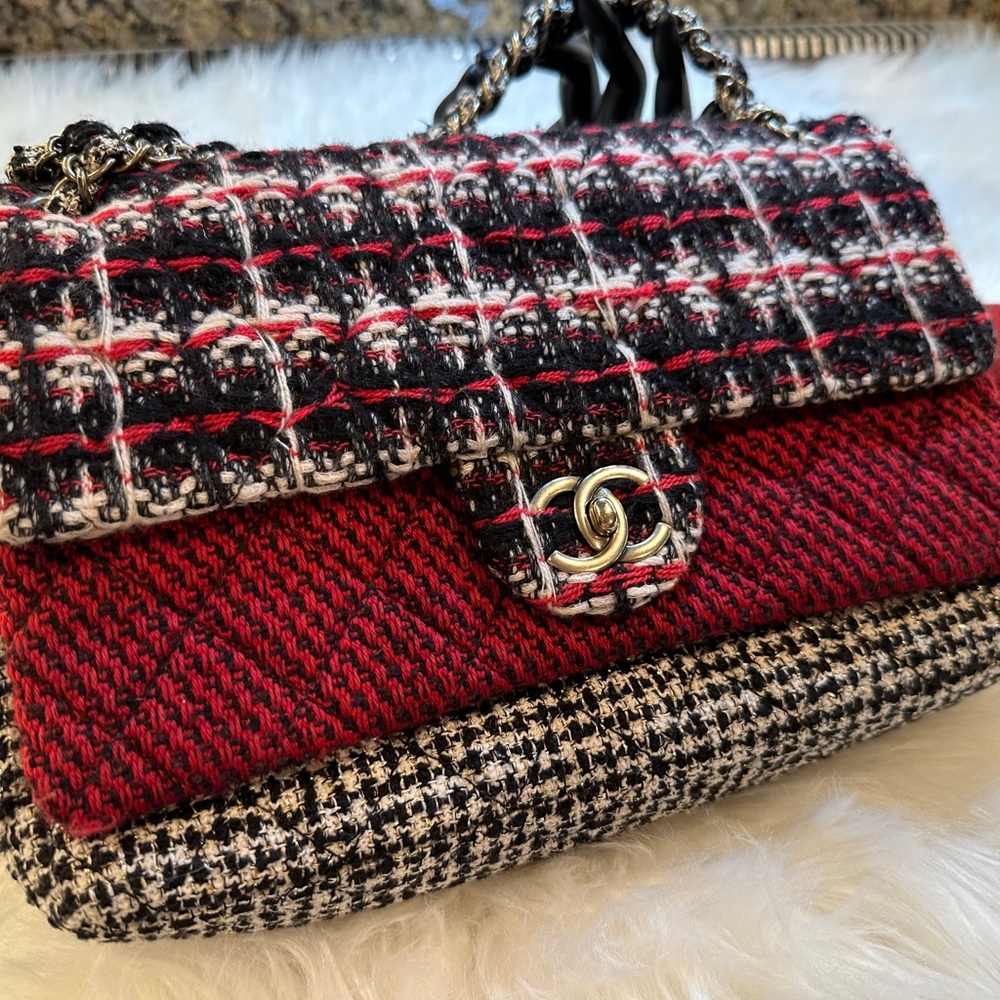 Chanel tweed red and black two flap bag